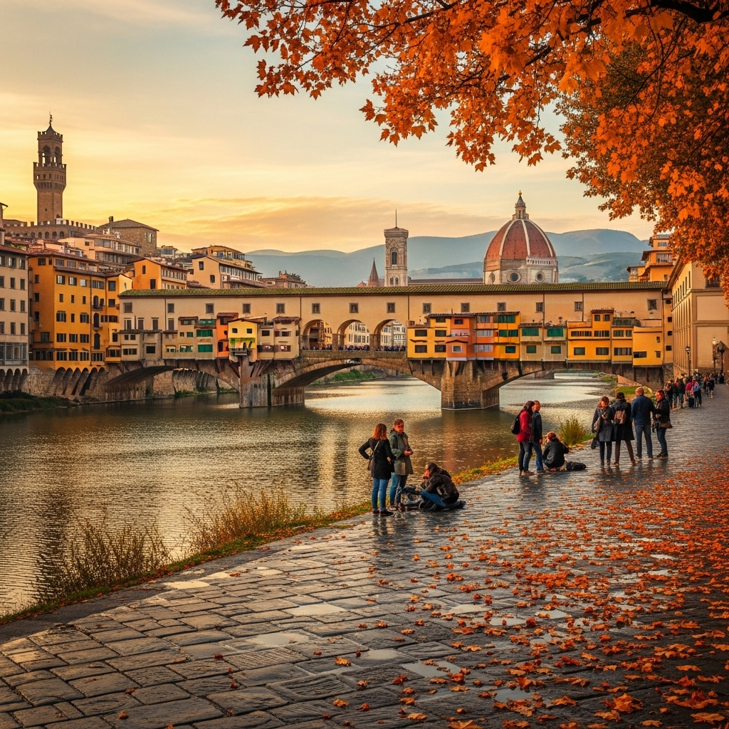 
        Create a visually captivating cover image which encompasses Step into a city where every cobblestone whispers stories of the past. This enchanting location is a haven for art aficionados and history buffs alike, with breathtaking architecture, world-renowned museums, and vibrant street life combining seamlessly. Savor traditional culinary delights while exploring quaint piazzas and finding serenity in lush gardens..
        Highlight the central location of Florence. Focus on iconic landmarks, hidden gems, and the unique atmosphere of the location as described. Depict the image during autumn.