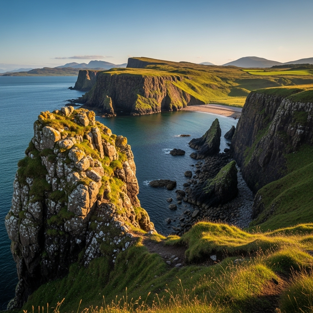 
        Create a visually captivating cover image which encompasses In a realm where untamed nature breathes life into every corner, immerse yourself in picturesque landscapes and serene coastal views. This enchanting destination offers the perfect retreat with its blend of rugged wilderness and peaceful tranquility, inviting visitors to explore its hidden gems and breathtaking scenery..
        Highlight the central location of Sleat. Focus on iconic landmarks, hidden gems, and the unique atmosphere of the location as described. Depict the image during summer.