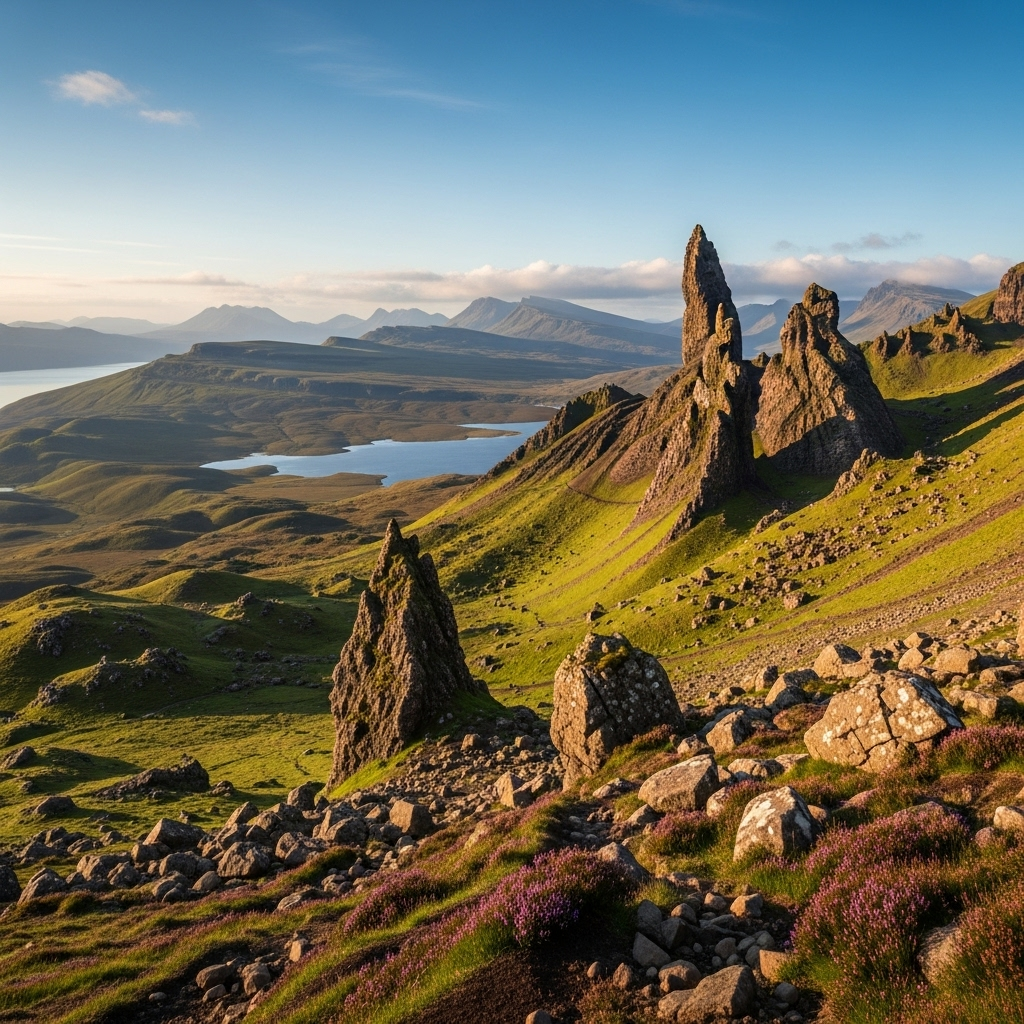 
        Create a visually captivating cover image which encompasses Discover a land where rugged landscapes meet the mystique of ancient history. This enchanting destination offers visitors awe-inspiring mountain views, crystal-clear lochs, and an immersion into rich cultural traditions that capture the magic of the Celtic past..
        Highlight the central location of Skye, Raasay & Lochalsh. Focus on iconic landmarks, hidden gems, and the unique atmosphere of the location as described. Depict the image during summer.