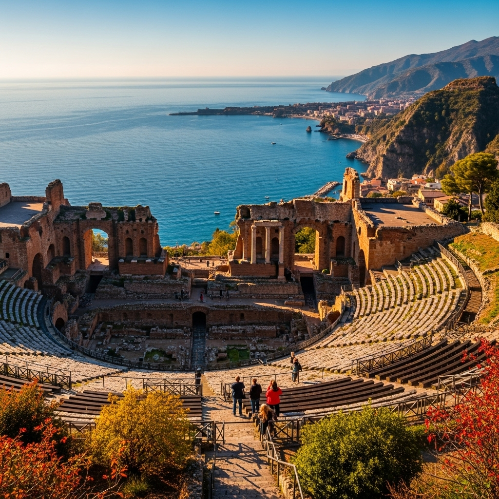 
        Create a visually captivating cover image which encompasses From stunning coastlines to ancient ruins and vibrant towns, this destination offers a mix of historical allure and natural beauty. Explore bustling markets, enjoy delicious culinary delights, and relish in its dynamic cultural heritage. Whether you're looking for sun-soaked beaches or charming mountain villages, you'll find diverse experiences for every traveler..
        Highlight the central location of Sicily. Focus on iconic landmarks, hidden gems, and the unique atmosphere of the location as described. Depict the image during autumn.