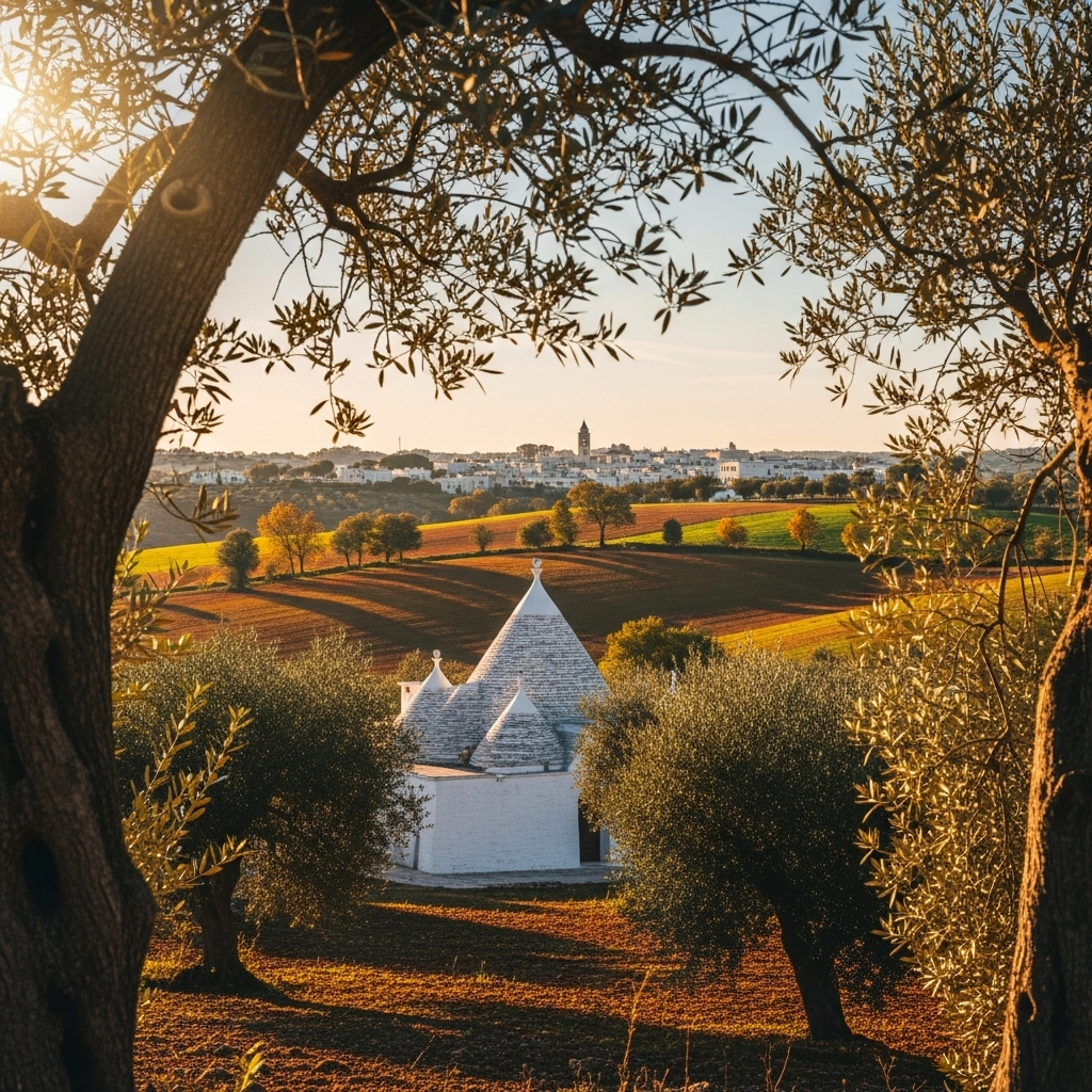 
        Create a visually captivating cover image which encompasses Discover a captivating blend of sun-drenched landscapes and ancient history, where endless olive groves meet pristine beaches and charming villages offer a taste of authentic Italy. Whether you're exploring baroque towns or savoring local cuisine, every corner invites you to experience a warm hospitality steeped in tradition..
        Highlight the central location of Puglia. Focus on iconic landmarks, hidden gems, and the unique atmosphere of the location as described. Depict the image during autumn.