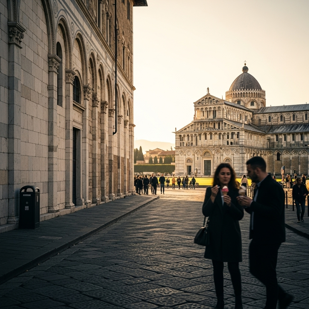 
        Create a visually captivating cover image which encompasses Step beyond the iconic Leaning Tower to discover a city bursting with history, art, and Tuscan warmth. Meander through medieval streets, savor authentic Italian gelato by the River Arno, and soak in the majestic architecture that harkens back to the era of the Medici..
        Highlight the central location of Pisa. Focus on iconic landmarks, hidden gems, and the unique atmosphere of the location as described. Depict the image during autumn.