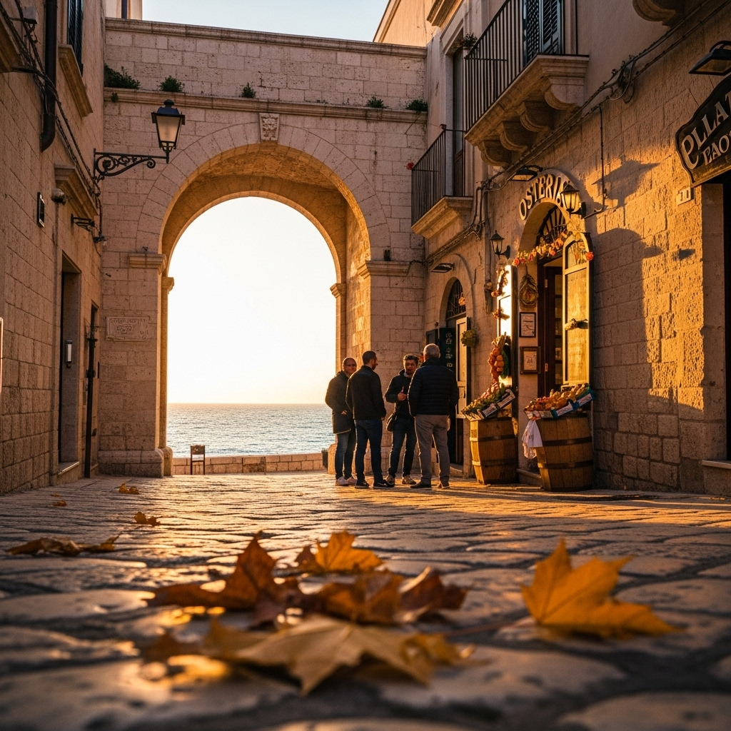 
        Create a visually captivating cover image which encompasses Immerse yourself in the charm of narrow cobblestone streets lined with historical architecture that seamlessly intertwines with contemporary life. The rich aroma of traditional Apulian cuisine, paired with pristine Adriatic views, creates an inviting atmosphere for both locals and travelers..
        Highlight the central location of Bari. Focus on iconic landmarks, hidden gems, and the unique atmosphere of the location as described. Depict the image during autumn.