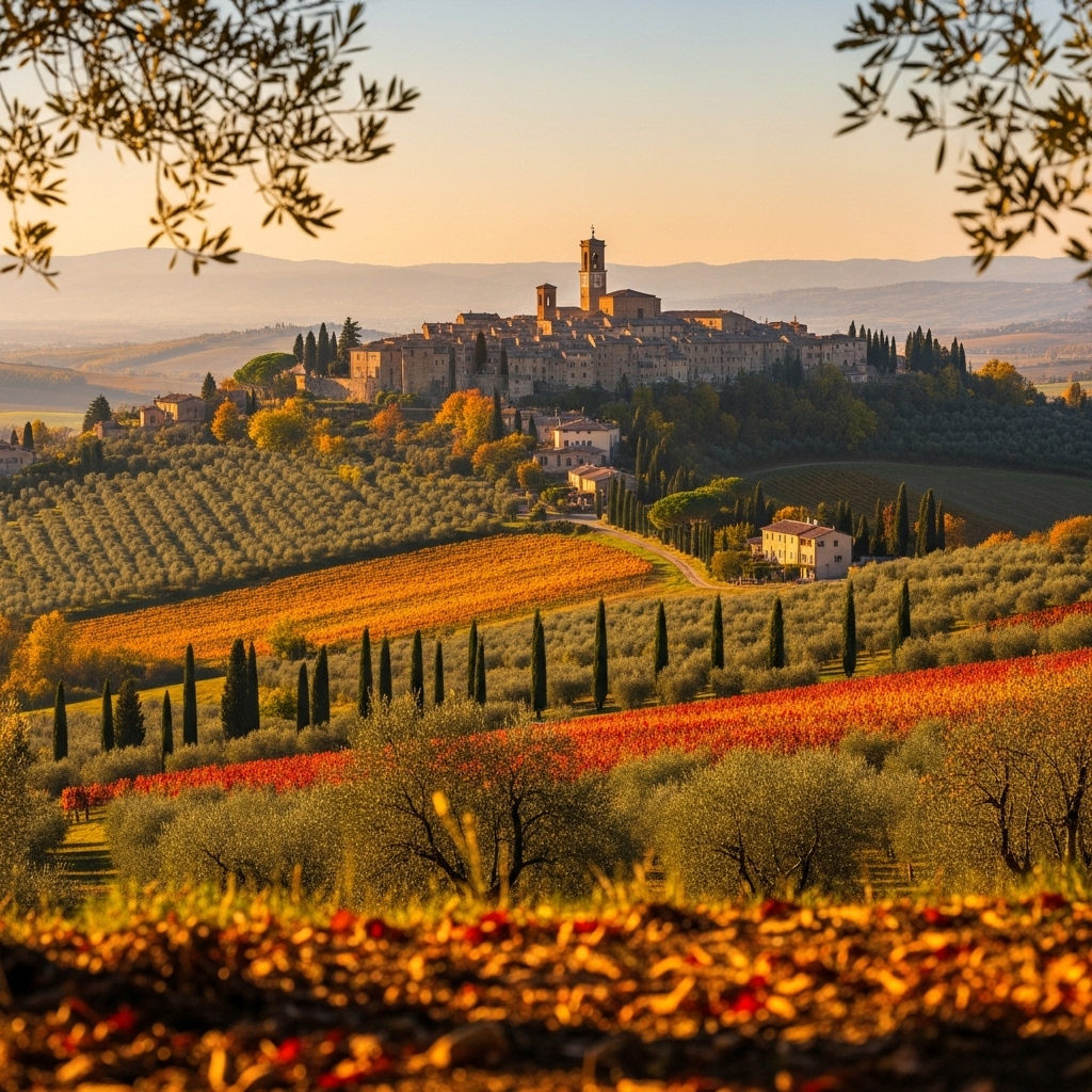 
        Create a visually captivating cover image which encompasses Lose yourself in the legendary landscapes of Tuscany, where ancient olive groves, sun-kissed vineyards, and medieval hilltop towns create an enchanting tableau. Savor world-class wines and traditional Italian cuisine while wandering through cobblestone streets that echo with the whispers of history. Whether exploring the art-rich cities or basking under the Tuscan sun, every moment is a celebration of beauty and culture..
        Highlight the central location of Tuscany. Focus on iconic landmarks, hidden gems, and the unique atmosphere of the location as described. Depict the image during autumn.