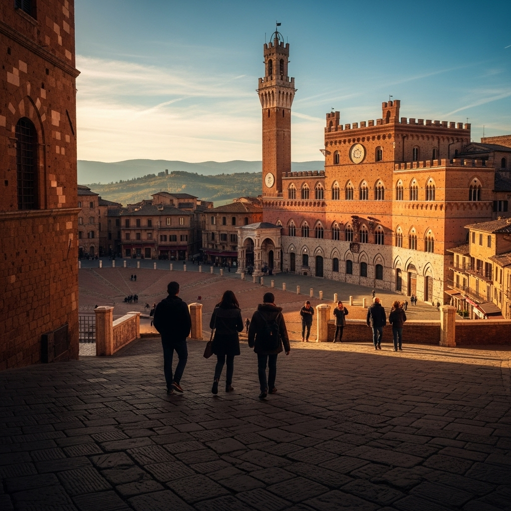
        Create a visually captivating cover image which encompasses Step into a medieval masterpiece filled with history and culture amidst the rolling hills of Tuscany. Discover enchanting cobblestone streets, the legendary Palio horse race, and stunning Gothic architecture crowning the hilltop. Whether indulging in delectable Italian cuisine or exploring ancient towers, this town promises a magical Italian escape..
        Highlight the central location of Siena. Focus on iconic landmarks, hidden gems, and the unique atmosphere of the location as described. Depict the image during autumn.