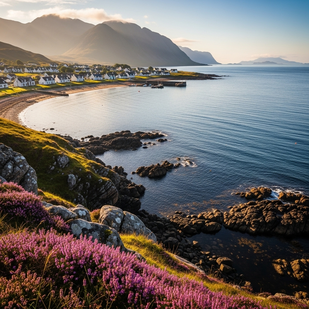 
        Create a visually captivating cover image which encompasses Tucked away in the picturesque Scottish Highlands, this hidden gem offers a serene escape with its sweeping ocean views and dramatic landscapes. Ideal for nature enthusiasts, it's a place where coastal adventures and peaceful moments collide, offering a glimpse into the untamed beauty of Scotland's shores..
        Highlight the central location of Gairloch. Focus on iconic landmarks, hidden gems, and the unique atmosphere of the location as described. Depict the image during summer.