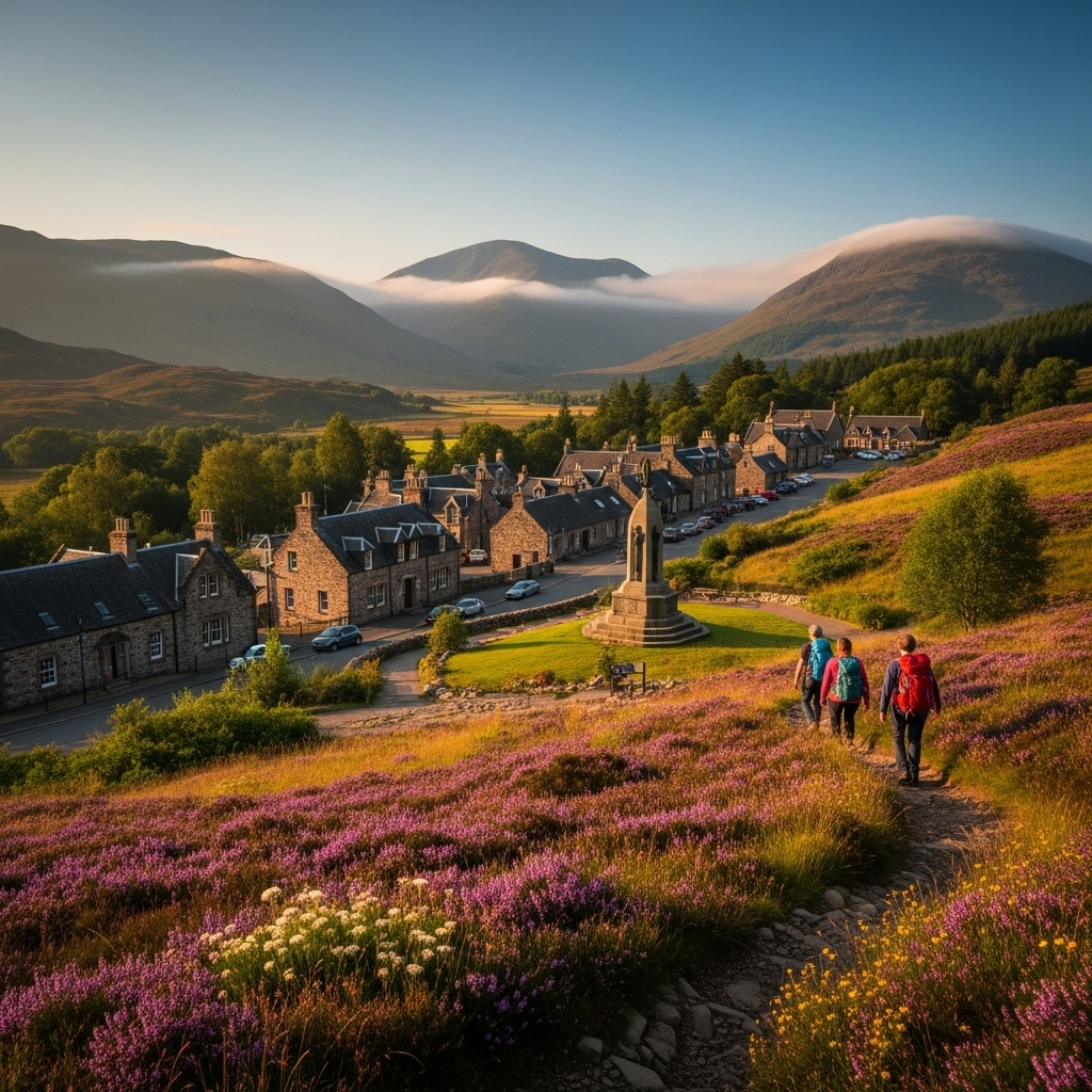
        Create a visually captivating cover image which encompasses Discover a quaint village nestled amidst the stunning landscapes of the Scottish Highlands, where outdoor enthusiasts find their thrill on the surrounding walking and hiking trails. Experience local history at the Commando Memorial and indulge in traditional Scottish flavors in cozy village eateries..
        Highlight the central location of Spean Bridge. Focus on iconic landmarks, hidden gems, and the unique atmosphere of the location as described. Depict the image during summer.