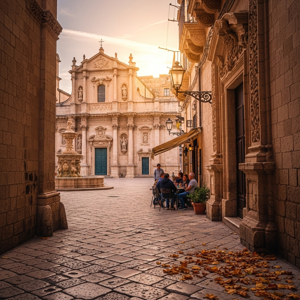 
        Create a visually captivating cover image which encompasses Discover a charming city where ornate Baroque architecture lines the streets, transporting you to a different era. Winding alleyways reveal hidden piazzas and vibrant local life as the scent of freshly made pasta wafts through the air. In Lecce, every corner tells a story, and every visit feels like stepping into a masterpiece of art and culture..
        Highlight the central location of Lecce. Focus on iconic landmarks, hidden gems, and the unique atmosphere of the location as described. Depict the image during autumn.