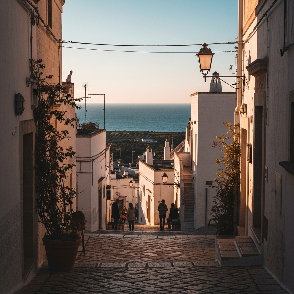 
        Create a visually captivating cover image which encompasses Venture into a mesmerizing labyrinth of whitewashed architecture and narrow cobblestoned streets, where each corner unveils a piece of history. This enchanting locale offers stunning panoramic views of the Adriatic coast, delectable Apulian cuisine, and a vibrant cultural scene, all set against the backdrop of its signature ancient olive groves..
        Highlight the central location of Ostuni. Focus on iconic landmarks, hidden gems, and the unique atmosphere of the location as described. Depict the image during autumn.