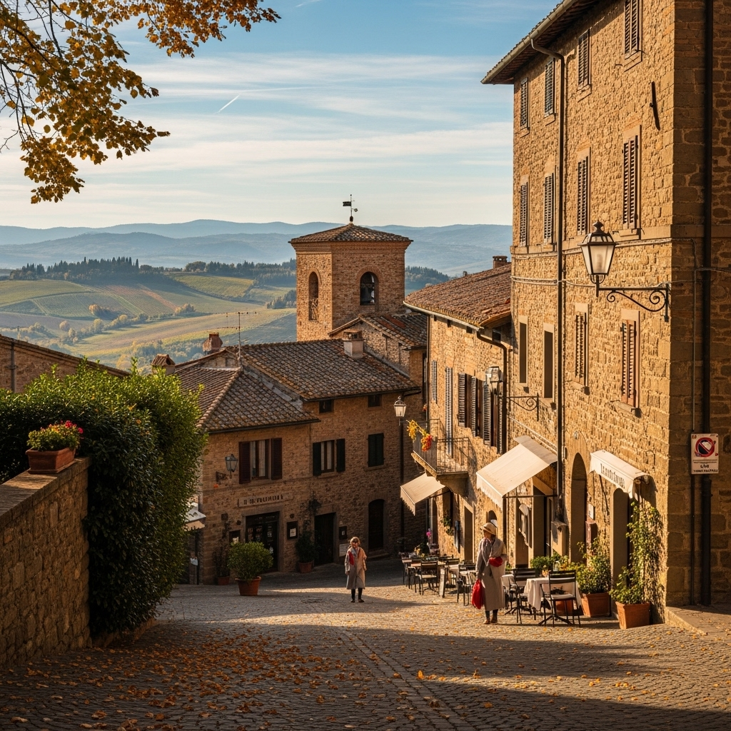 
        Create a visually captivating cover image which encompasses Nestled amidst the rolling hills of Tuscany, this enchanting locale invites visitors to explore its stunning Renaissance architecture, savor exquisite local wines, and meander through cobblestone streets lined with vibrant artisan shops and welcoming cafes..
        Highlight the central location of Montepulciano. Focus on iconic landmarks, hidden gems, and the unique atmosphere of the location as described. Depict the image during autumn.