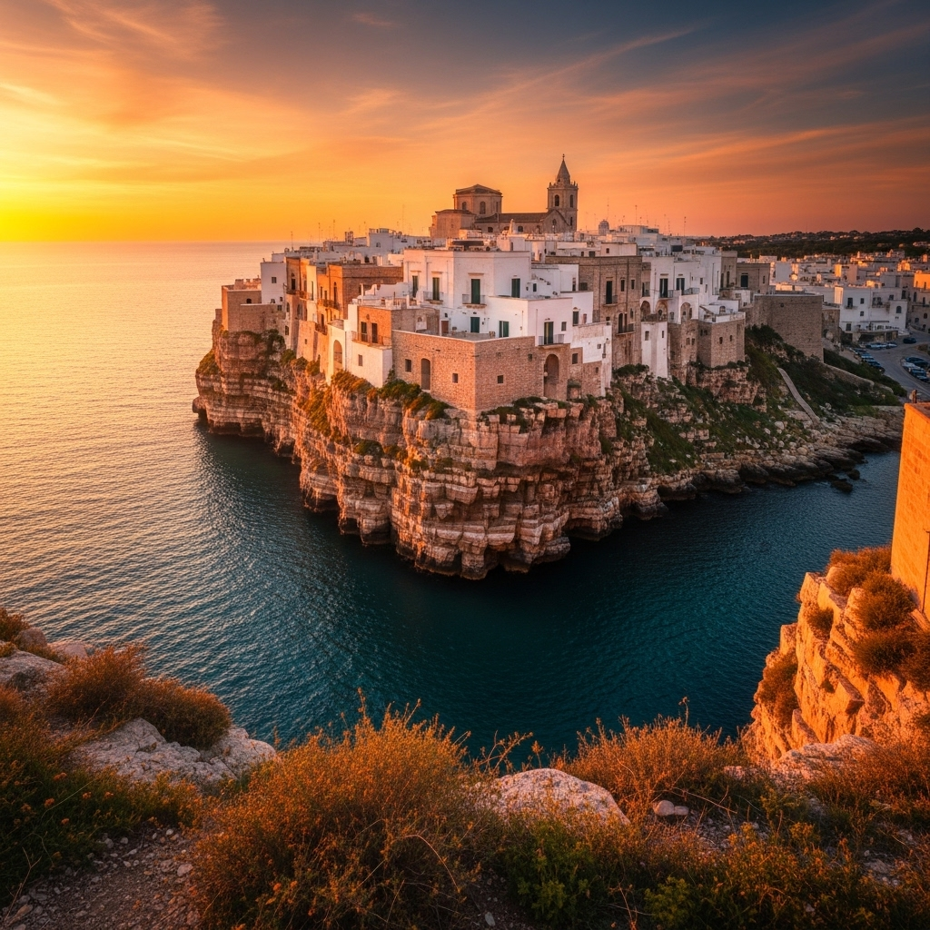 
        Create a visually captivating cover image which encompasses Perched dramatically on limestone cliffs, this idyllic town offers a breathtaking blend of stunning views, whitewashed streets, and crystalline waters. Immerse yourself in the local culture and savor the exquisite flavors of traditional Apulian cuisine. Explore hidden coves and witness unforgettable sunsets over the Adriatic Sea..
        Highlight the central location of Polignano a Mare. Focus on iconic landmarks, hidden gems, and the unique atmosphere of the location as described. Depict the image during autumn.