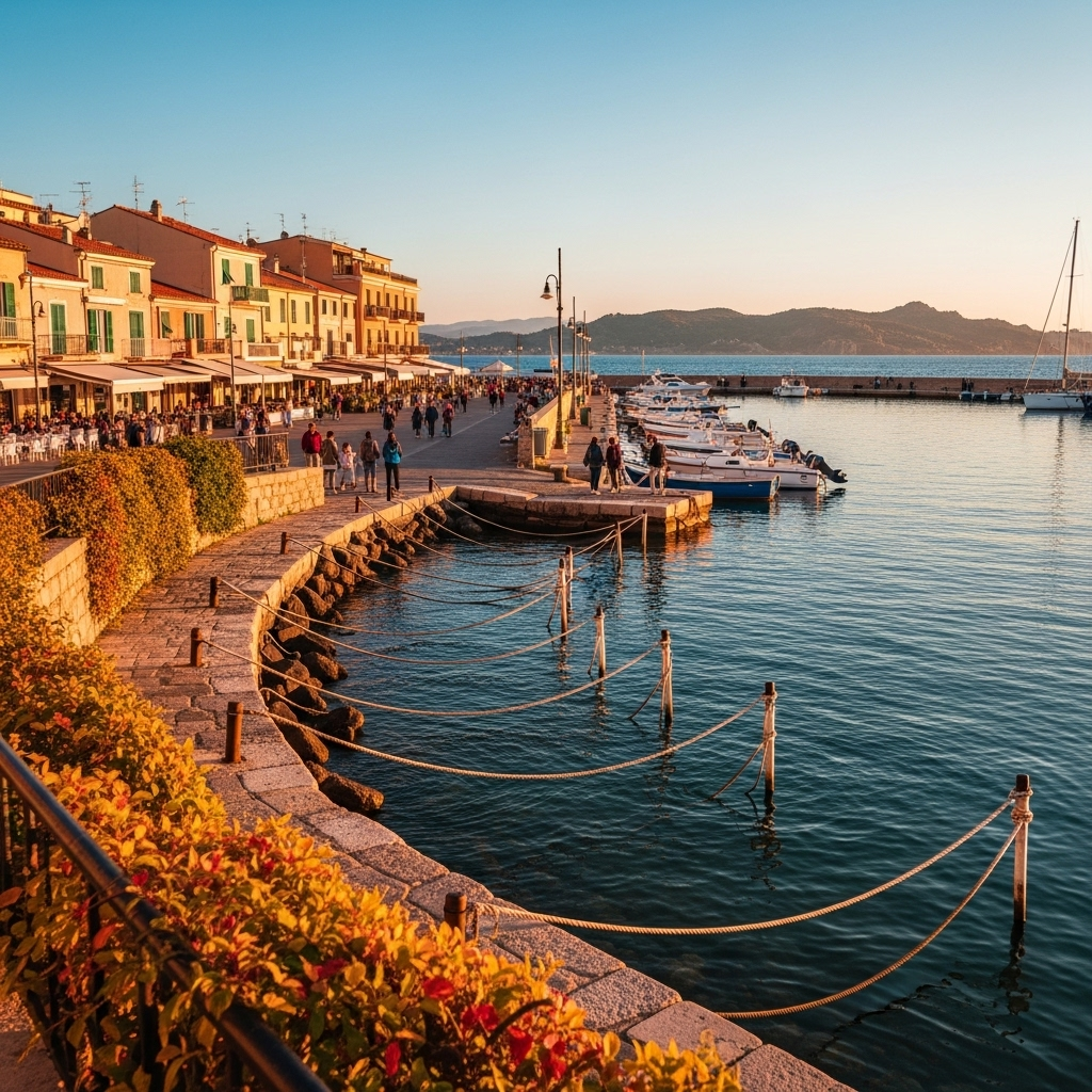 
        Create a visually captivating cover image which encompasses Experience the Mediterranean magic where crystal-clear waters meet vibrant Italian charm. With its lively marina, bustling boutique shops, and delectable local cuisine, this coastal gem offers an ideal getaway for beach lovers and culture enthusiasts alike. Rich in history and surrounded by breathtaking natural beauty, it's a perfect blend of relaxation and adventure..
        Highlight the central location of Olbia. Focus on iconic landmarks, hidden gems, and the unique atmosphere of the location as described. Depict the image during autumn.