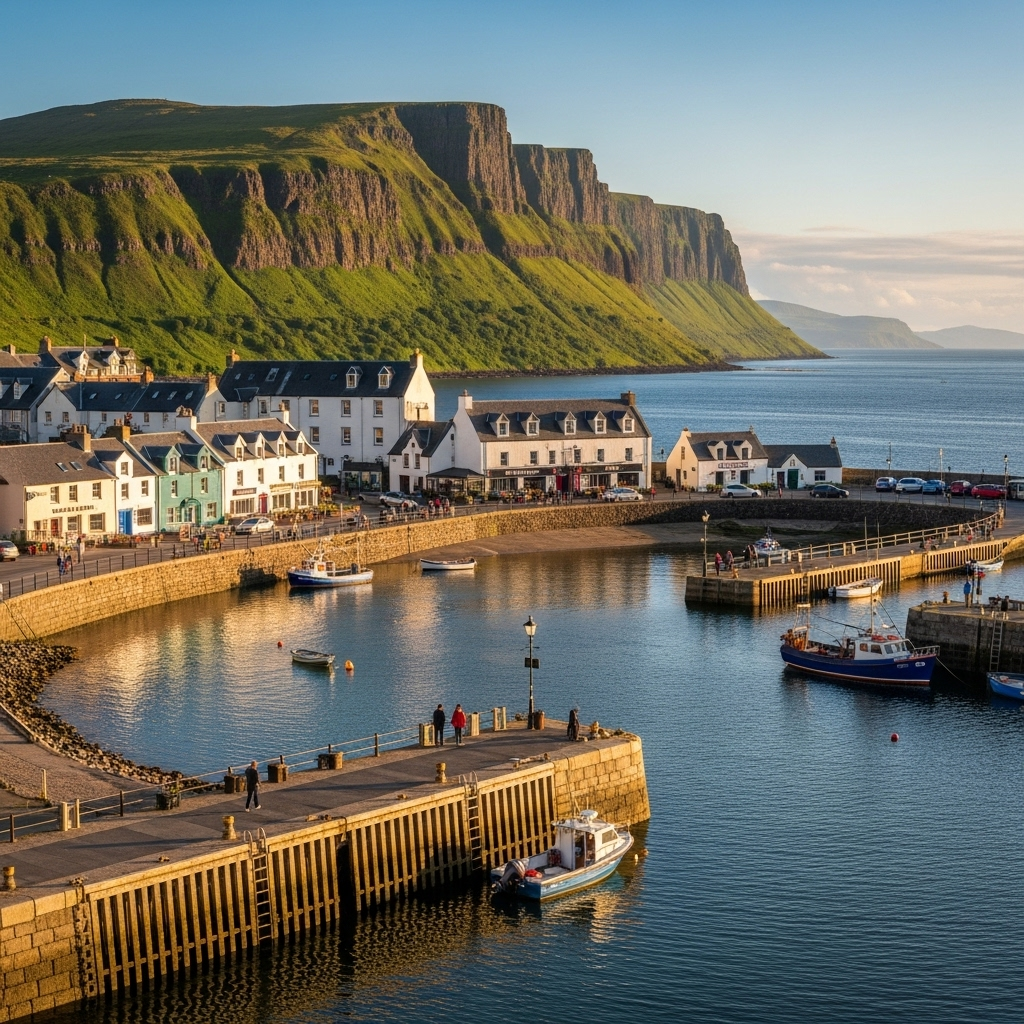 
        Create a visually captivating cover image which encompasses Immerse yourself in the scenic splendor nestled amid towering cliffs and endless sea views. Where vivid legends weave through Gaelic culture and rich history, this charming port is a haven for outdoor adventurers and nature enthusiasts. Discover cozy eateries serving local delicacies, and stroll along picturesque piers under the captivating northern skies..
        Highlight the central location of Portree. Focus on iconic landmarks, hidden gems, and the unique atmosphere of the location as described. Depict the image during summer.