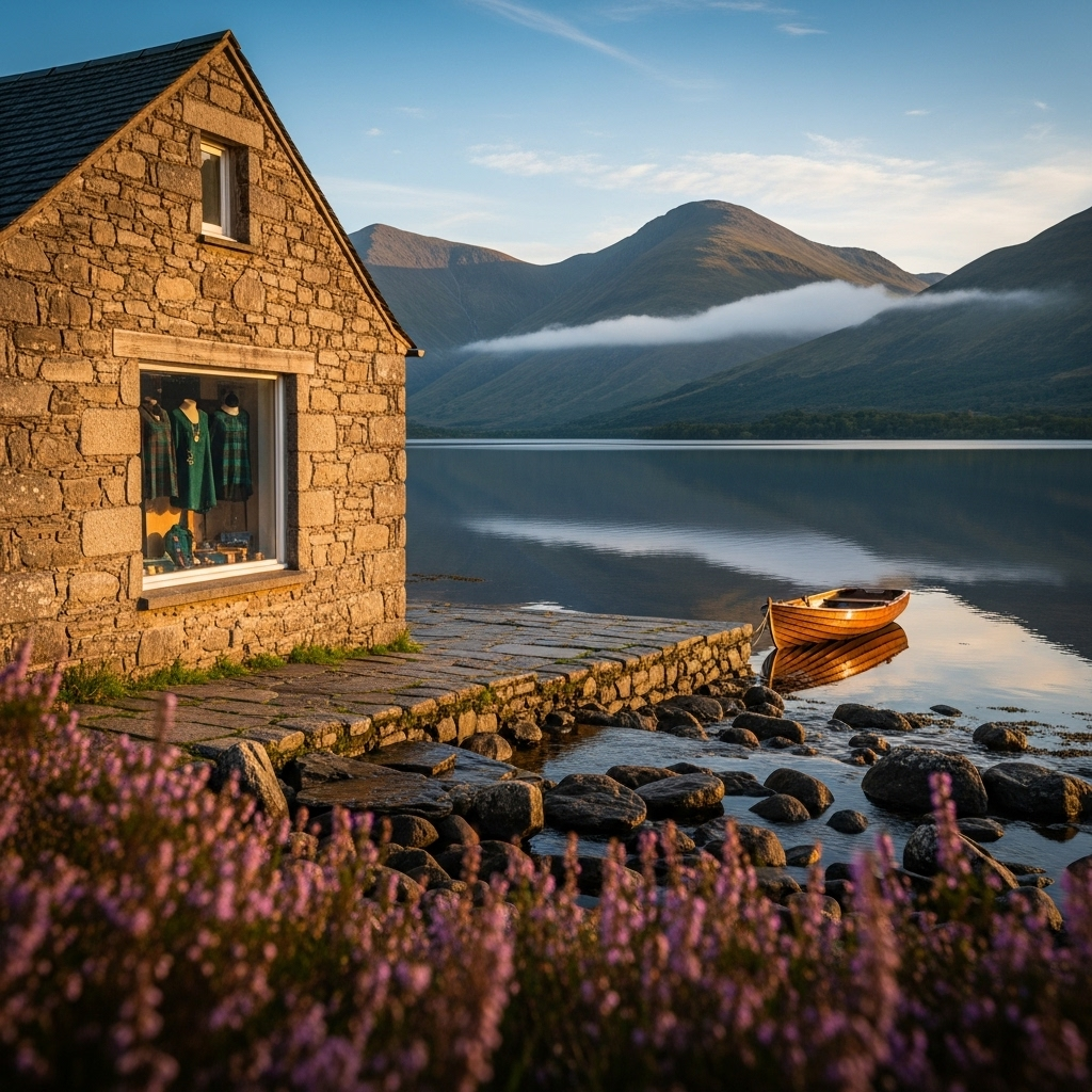 
        Create a visually captivating cover image which encompasses Experience the rugged beauty and authentic charm of a tranquil highland getaway. Surrounded by breathtaking landscapes, this quaint area offers visitors an opportunity to explore stunning lochs, towering mountains, and charming local shops that craft exquisite Scottish tartans and knitwear..
        Highlight the central location of Lochcarron. Focus on iconic landmarks, hidden gems, and the unique atmosphere of the location as described. Depict the image during summer.