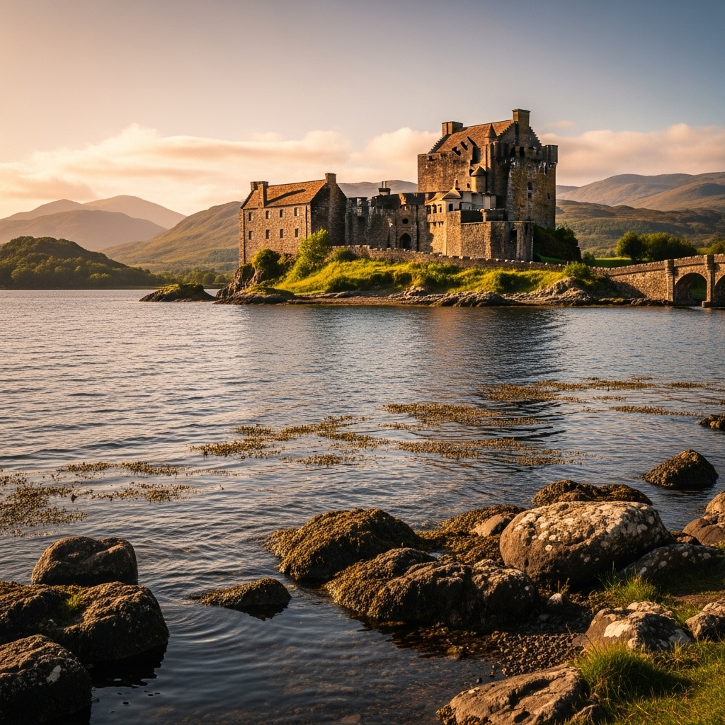 
        Create a visually captivating cover image which encompasses Experience a world where rugged cliffs meet serene lochs, as you wander through a landscape rich in natural beauty and history. This region is a haven for explorers and seekers of tranquility, offering breathtaking vistas, ancient castles, and a deep sense of history that captivates the soul..
        Highlight the central location of Dunvegan. Focus on iconic landmarks, hidden gems, and the unique atmosphere of the location as described. Depict the image during summer.