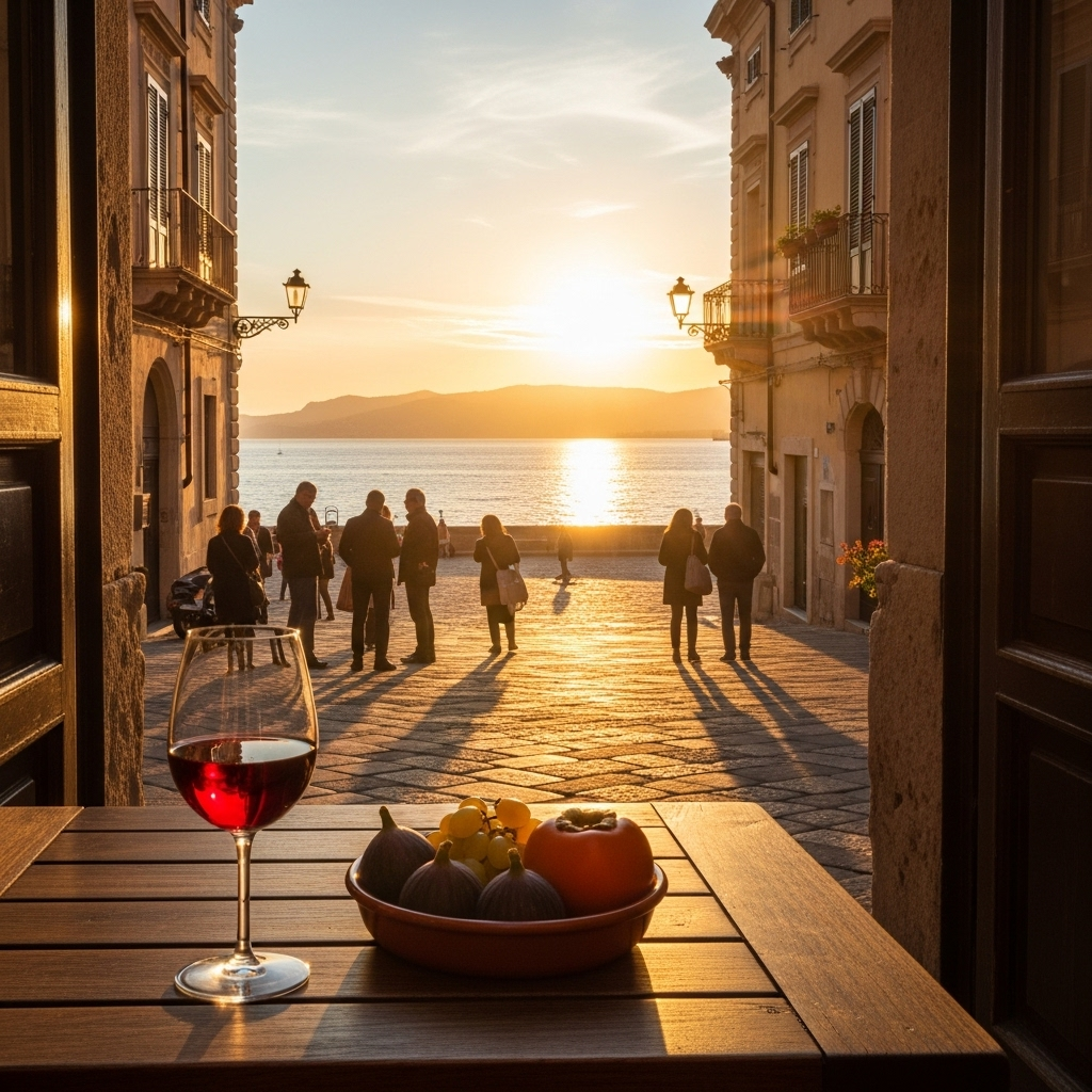 
        Create a visually captivating cover image which encompasses Explore the vibrant heart of Sardinia where ancient history and modern allure intertwine. Stroll through lively piazzas and narrow cobblestone streets, discover rich archaeological treasures, and savor the exquisite local cuisine in charming trattorias. Cagliari offers breathtaking views of the Mediterranean, inviting beaches, and a bustling local market scene, making it a perfect mix of culture, relaxation, and gastronomy..
        Highlight the central location of Cagliari. Focus on iconic landmarks, hidden gems, and the unique atmosphere of the location as described. Depict the image during autumn.