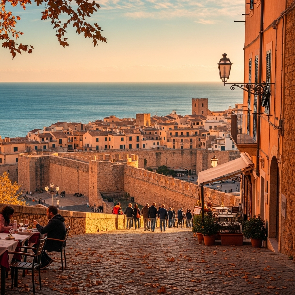 
        Create a visually captivating cover image which encompasses A hidden paradise that boasts stunning medieval architecture and a vibrant atmosphere, offering breathtaking sea views and a rich tapestry of Catalan culture. Whether wandering the charming cobblestone streets or lounging on its pristine beaches, this location promises unforgettable sunsets and delightful culinary experiences..
        Highlight the central location of Alghero. Focus on iconic landmarks, hidden gems, and the unique atmosphere of the location as described. Depict the image during autumn.