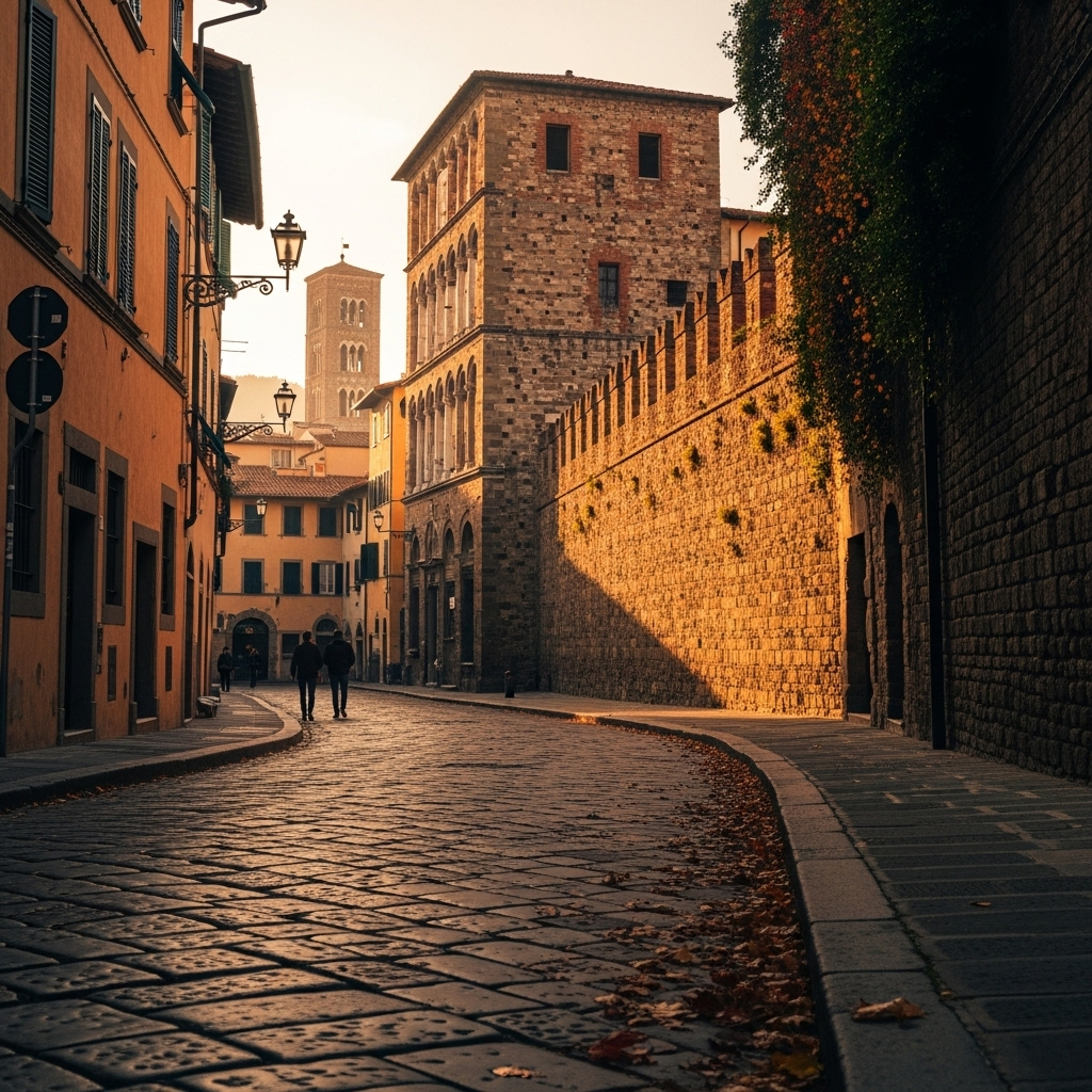 
        Create a visually captivating cover image which encompasses Wander through narrow cobbled streets, encircled by Renaissance walls that whisper stories of the past. This enchanting city offers a rich tapestry of cultural experiences, from grand piazzas and stunning churches to vibrant festivals and delectable Tuscan cuisine..
        Highlight the central location of Lucca. Focus on iconic landmarks, hidden gems, and the unique atmosphere of the location as described. Depict the image during autumn.