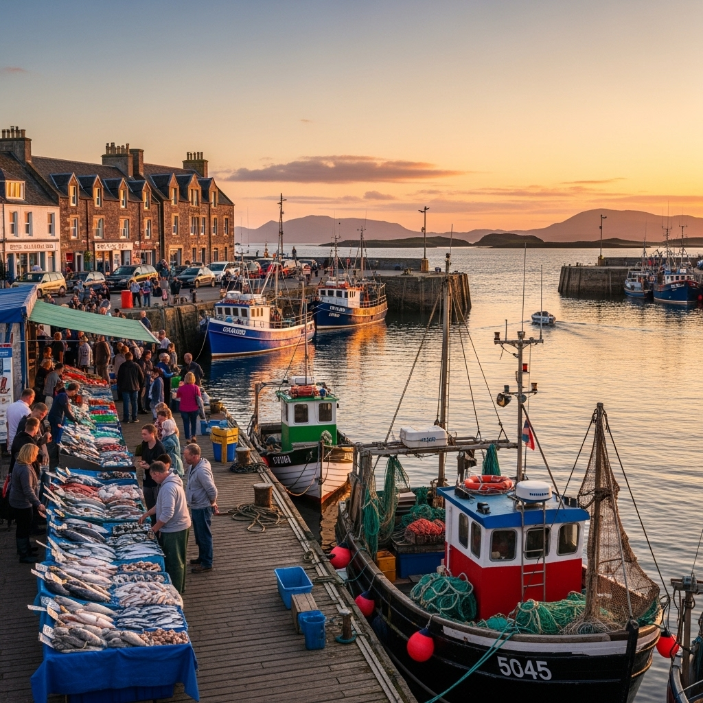 
        Create a visually captivating cover image which encompasses Nestled on the northwest coast, this charming location offers breathtaking views of the surrounding landscapes and is a gateway to the stunning isles. Its bustling harbor is renowned for fresh seafood, creating a culinary paradise for visitors. Enjoy serene walks along the coast and immerse yourself in the calming beauty of this hidden gem..
        Highlight the central location of Mallaig. Focus on iconic landmarks, hidden gems, and the unique atmosphere of the location as described. Depict the image during summer.