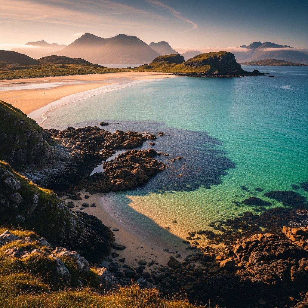 
        Create a visually captivating cover image which encompasses Explore the breathtaking beauty and diverse outdoor adventures that await you along stunning coastlines. From serene beaches and majestic landscapes to thrilling water-based activities, this charming getaway offers a unique blend of relaxation and exploration amidst the enchanting Scottish Highlands..
        Highlight the central location of Wester Ross. Focus on iconic landmarks, hidden gems, and the unique atmosphere of the location as described. Depict the image during summer.