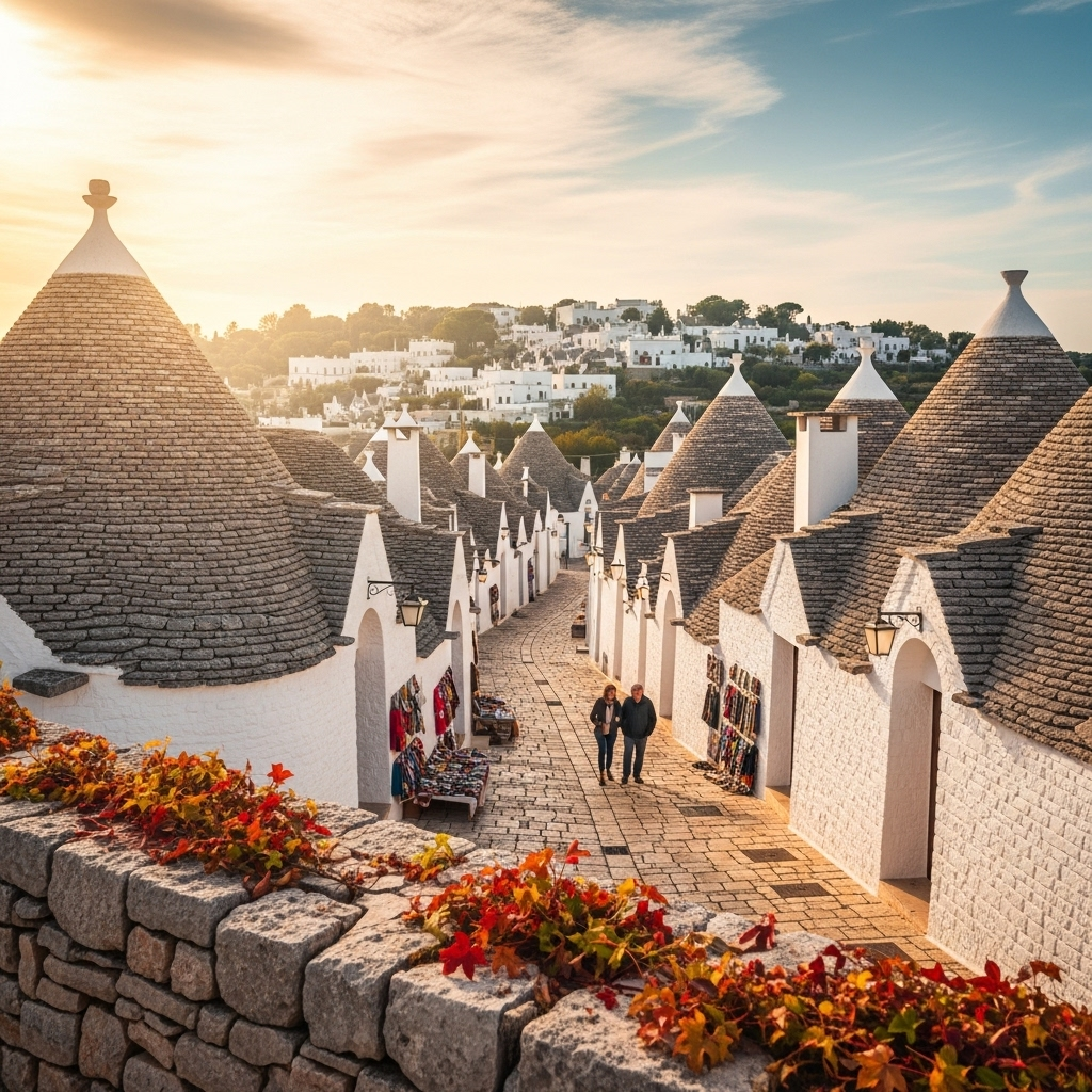 
        Create a visually captivating cover image which encompasses Step back in time as you wander through enchanting streets lined with iconic trulli houses, whose unique cone-shaped roofs define this charming village. Experience a blend of historical intrigue and contemporary Italian culture, where delightful local cuisine and artisan crafts meet exceptional architectural heritage. Alberobello offers a quintessential glimpse into Italy's rich past amidst a picturesque, serene setting..
        Highlight the central location of Alberobello. Focus on iconic landmarks, hidden gems, and the unique atmosphere of the location as described. Depict the image during autumn.