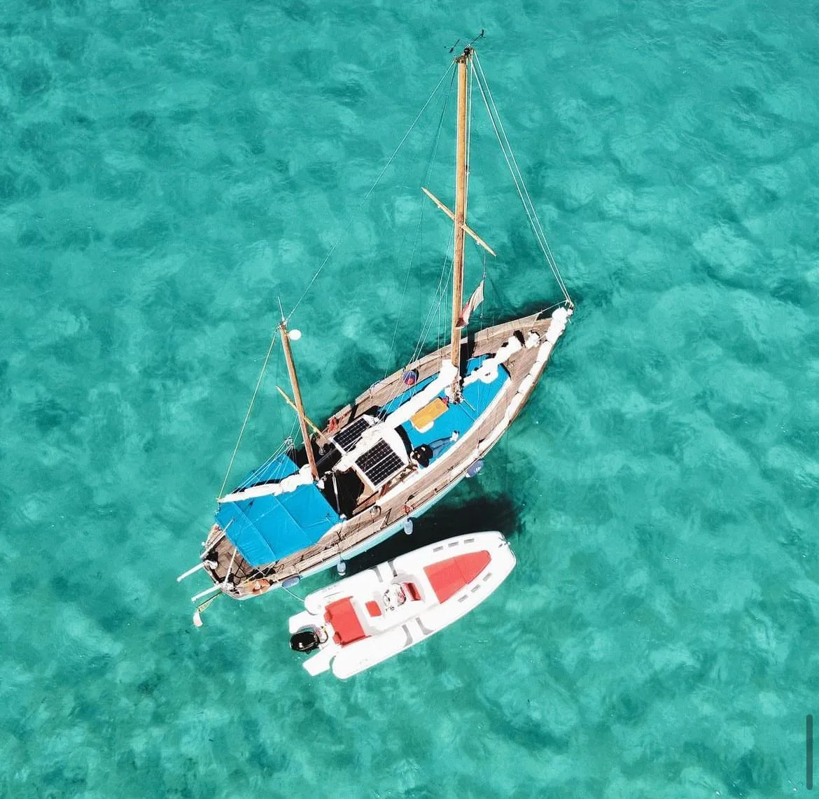 The image features an aerial view of a sailboat and a dinghy anchored in clear, turquoise water. The composition is excellent, providing a unique and aesthetically pleasing top-down perspective that effectively captures both vessels and the vibrant marine environment. Lighting is superb, with natural sunlight illuminating the scene evenly and bringing out the true colors of the water and boats. The image is sharp, with crisp details on the boats, including rigging and solar panels, and the ripples on the water. Colors are highly accurate and vibrant, particularly the stunning turquoise of the ocean. The photograph is clearly photo-realistic, showing no signs of digital manipulation beyond standard image processing. All key elements, the sailboat and the dinghy, are perfectly in focus, contributing to the overall high quality.