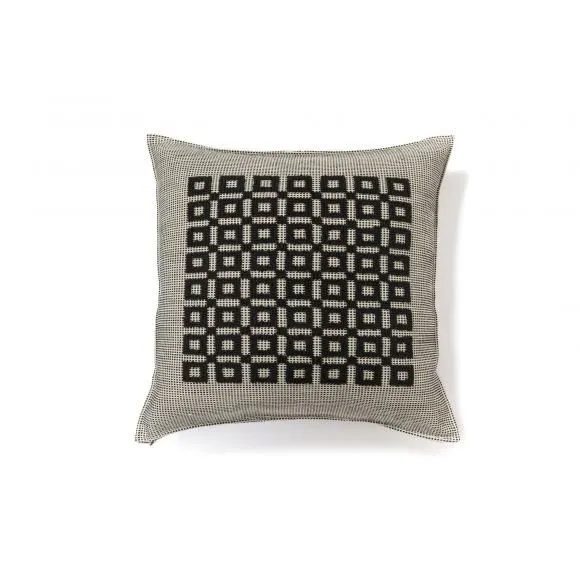 A single throw pillow with a black and light grey/beige geometric square pattern, centrally placed on a clean white background.