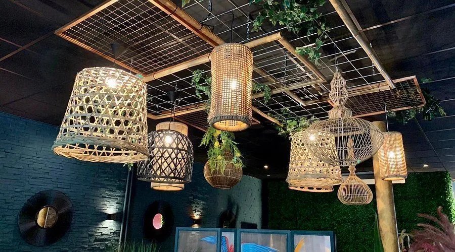 The image showcases a warm and inviting interior space, likely a restaurant or bar, featuring multiple decorative woven pendant lights and artificial greenery suspended from a ceiling grid. The composition highlights the various light fixtures, creating a sense of depth and ambiance. The lighting contributes to the warm aesthetic, though some areas are under-exposed.
