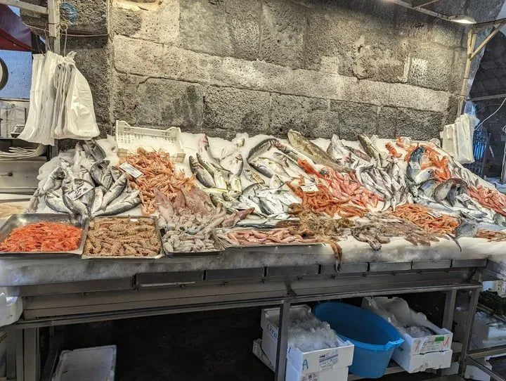 A vibrant scene at a fish market, showcasing a variety of fresh seafood, including different types of fish, shrimp, and octopus, laid out on ice. The display is set against an old, textured stone wall, conveying an authentic market atmosphere.
