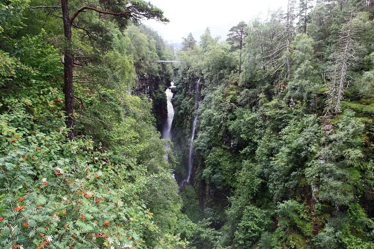 An outdoor landscape shot of a deep, green gorge featuring multiple cascading waterfalls, framed by dense forest foliage under what appears to be an overcast sky. A small bridge is visible in the distance across the gorge.