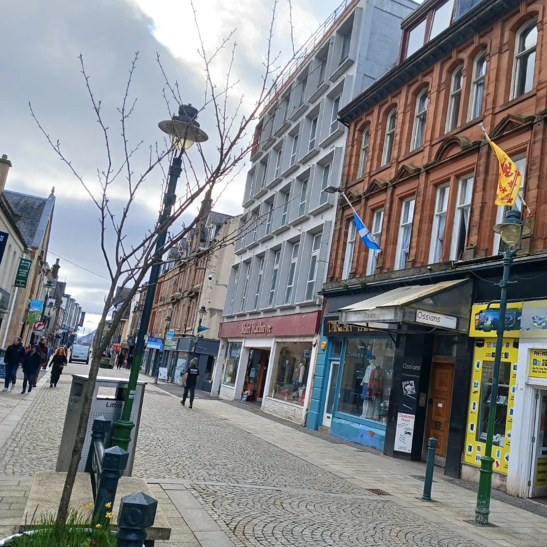 A view down a bustling street lined with historic and modern buildings, featuring cobblestone paving and a bare tree in the foreground.