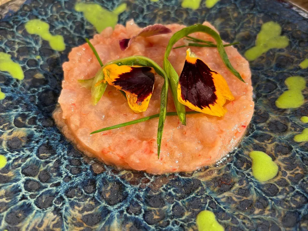 The image is very well-composed, with the dish beautifully centered on a unique, textured plate. Lighting is excellent, evenly illuminating the food and highlighting its textures without harsh shadows. The image is sharp, with all key elements, including the delicate edible flowers and the main tartare, in clear focus. Colors are vibrant and appear accurate, enhancing the visual appeal of the dish. The image is highly photo-realistic, presenting the food in an appetizing and professional manner.