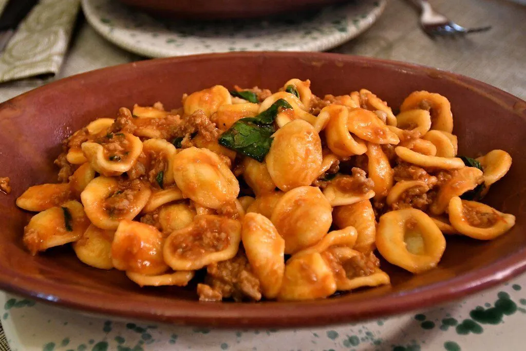 A close-up shot of orecchiette pasta with meat sauce and a few basil leaves, presented in a rustic bowl.