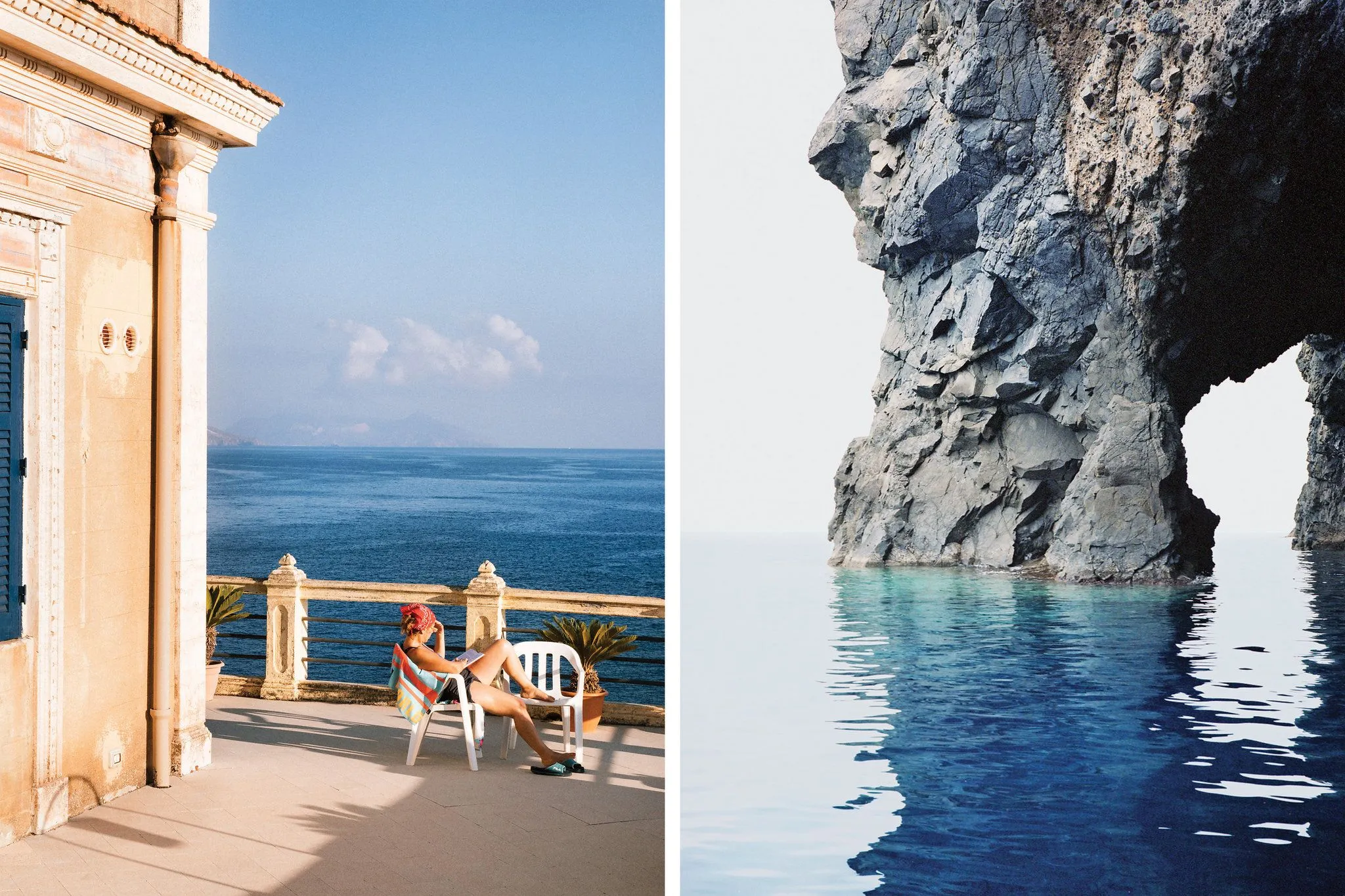 A diptych showcasing two distinct outdoor scenes. The left image features a person relaxing on a balcony overlooking a vast blue sea, while the right image captures a stark, minimalist view of a rugged rock cliff rising from calm, clear water.