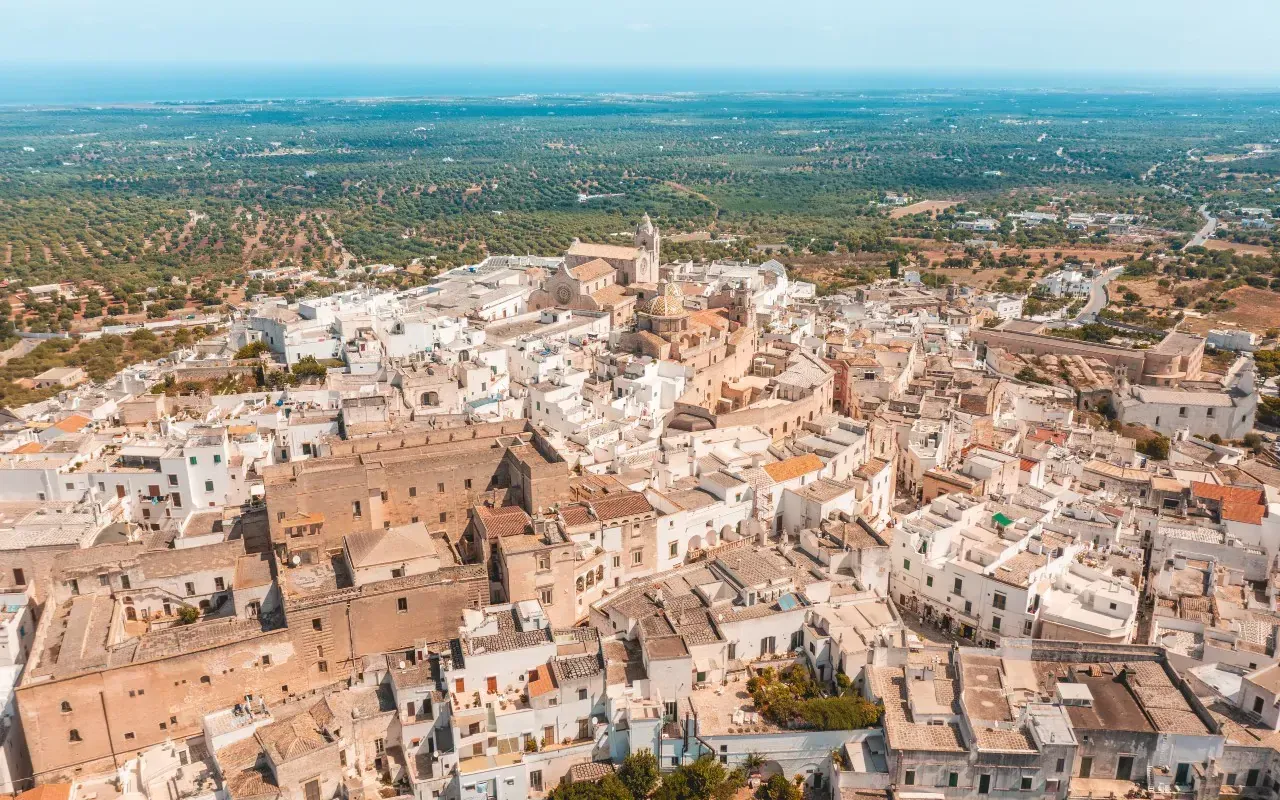 An aerial daytime shot capturing a historic, white-washed town nestled amidst green olive groves under a clear blue sky. The town features a prominent church or cathedral with a domed roof and several bell towers, surrounded by dense residential buildings with light-colored roofs. In the far distance, a faint horizon line suggests a body of water.