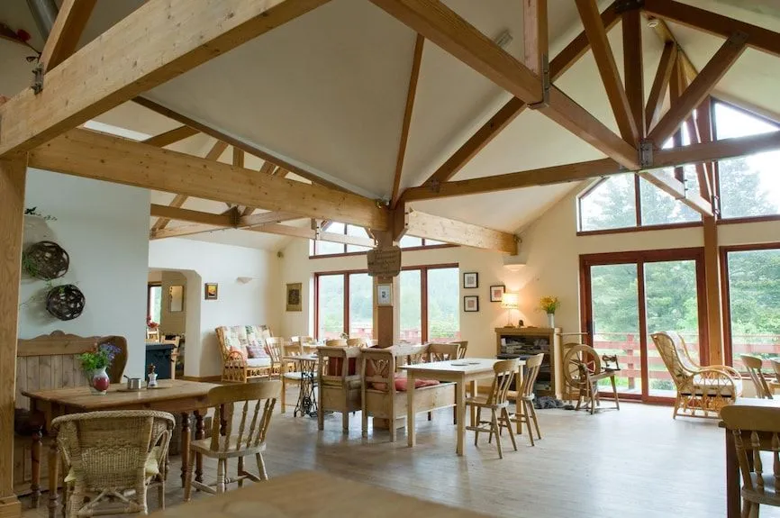 The image displays a well-lit and photo-realistic interior space, characterized by natural light streaming through large windows, highlighting the warm wooden beams and furnishings. The colors are accurate, and the central elements are sharp. The composition effectively captures the room's spaciousness and rustic ambiance.