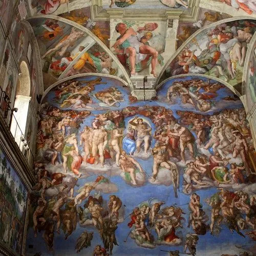 The image captures a significant portion of a famous fresco, showcasing the intricate details and grand scale of the artwork. The composition effectively frames the scene, and the lighting is adequate for an interior shot, allowing the vibrant colors of the fresco to be visible. The image is generally sharp, with most key elements in focus, contributing to its photo-realistic quality.