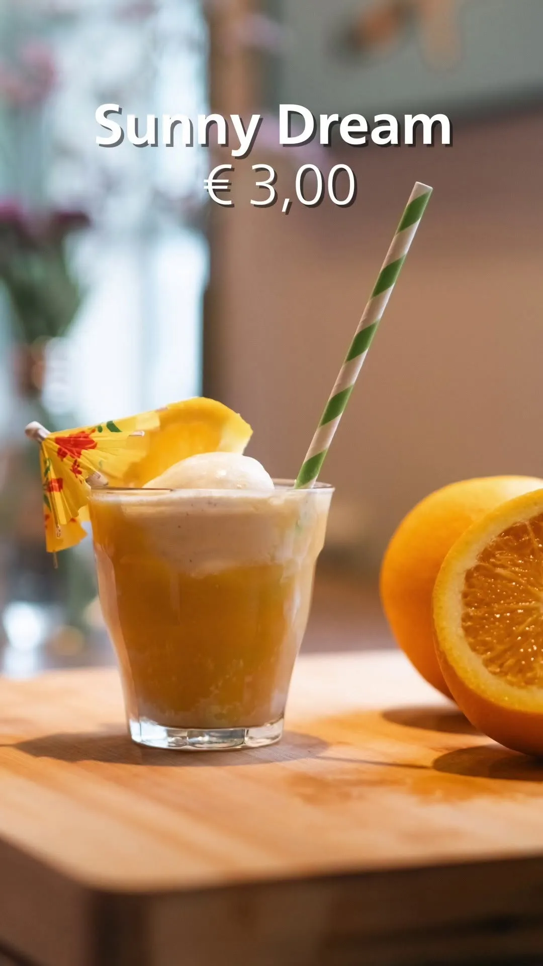 A vibrant and well-composed image of an orange float, featuring a drink with ice cream and a decorative umbrella, alongside fresh oranges. The image is well-lit, sharp, and color-accurate, with key elements in focus, contributing to its photo-realistic quality.