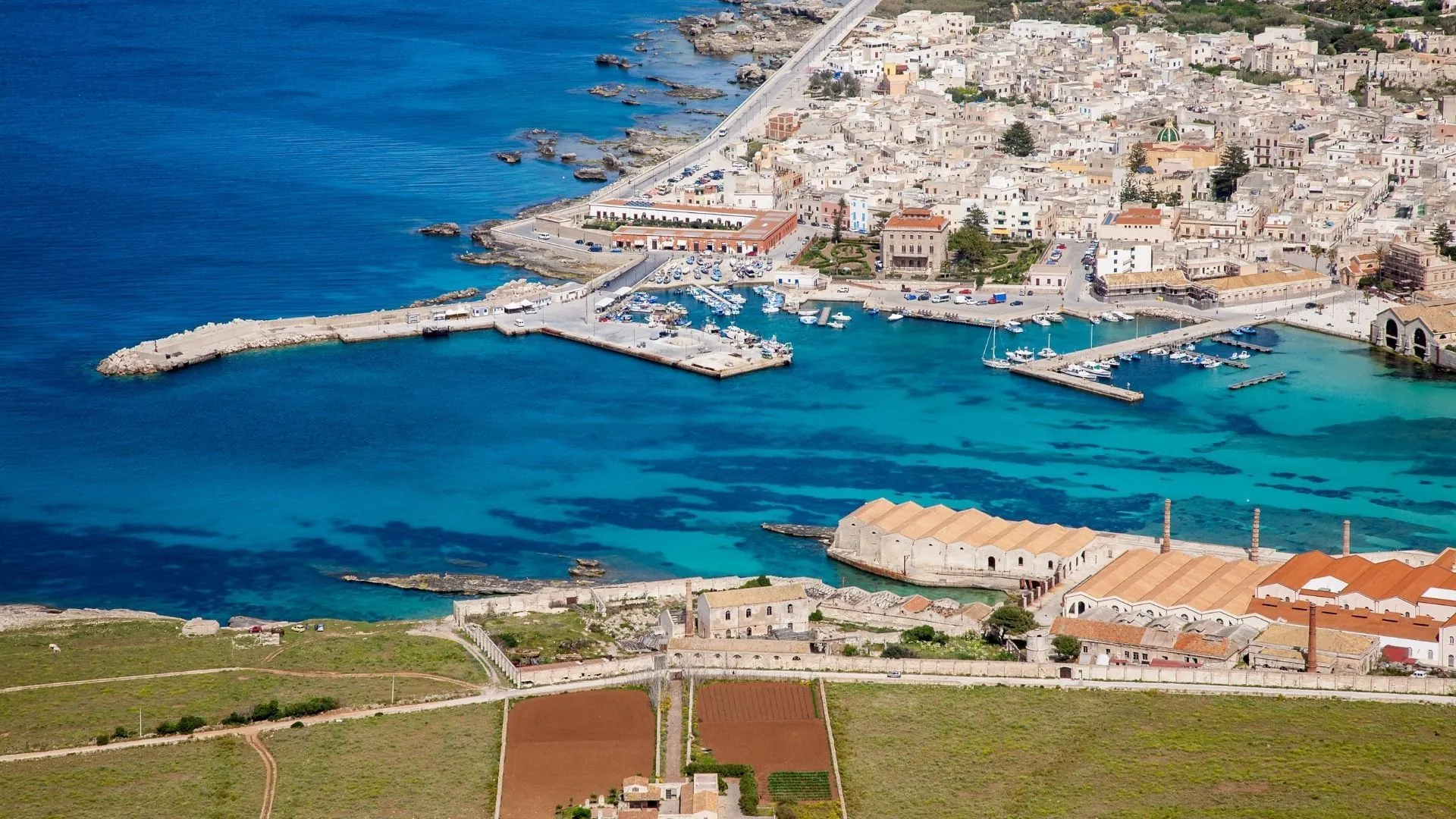 An aerial view of a coastal town with a harbor and surrounding landscape.