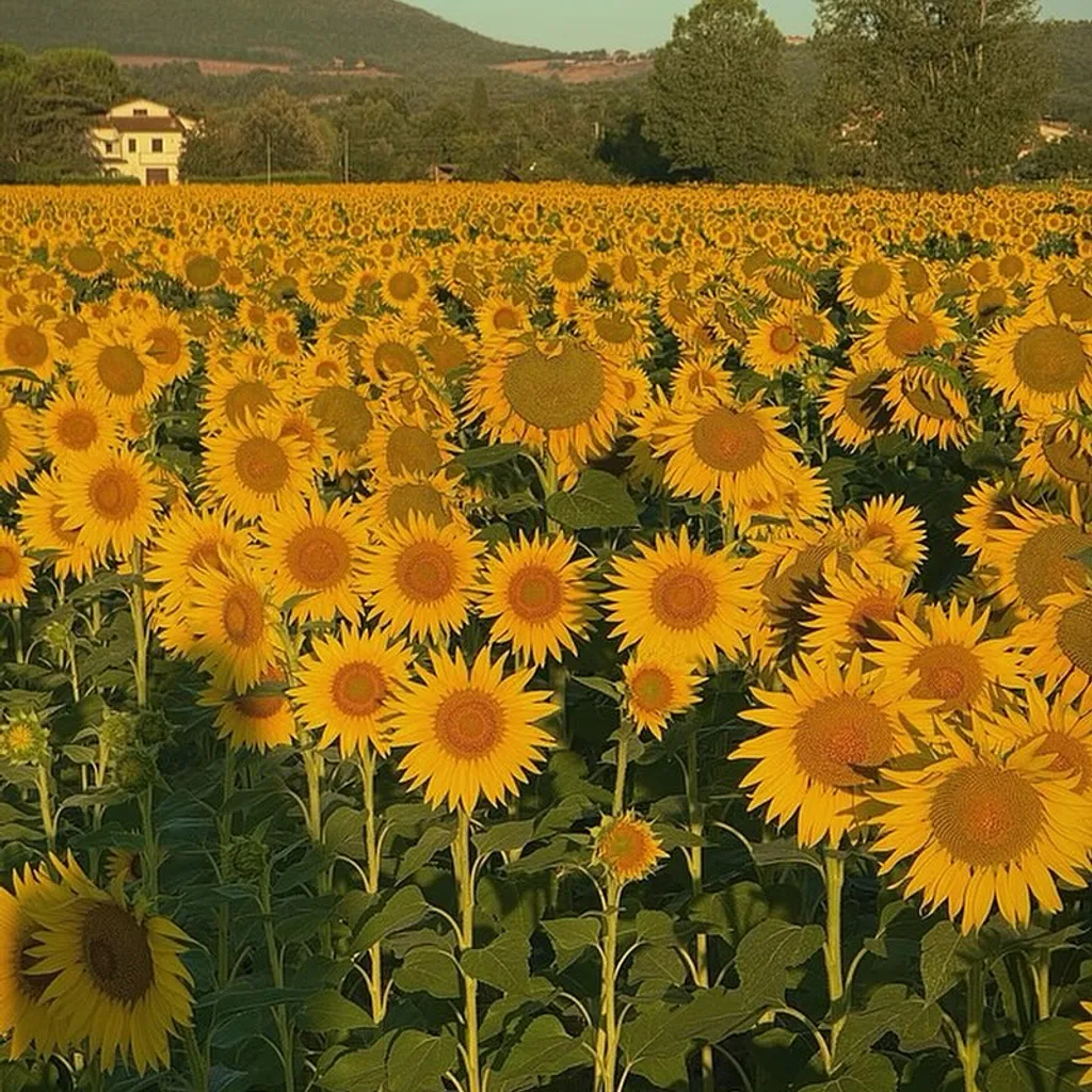 An expansive field of vibrant yellow sunflowers under a clear sky, with a house and rolling hills in the background. The lighting suggests late afternoon or early morning sun.
