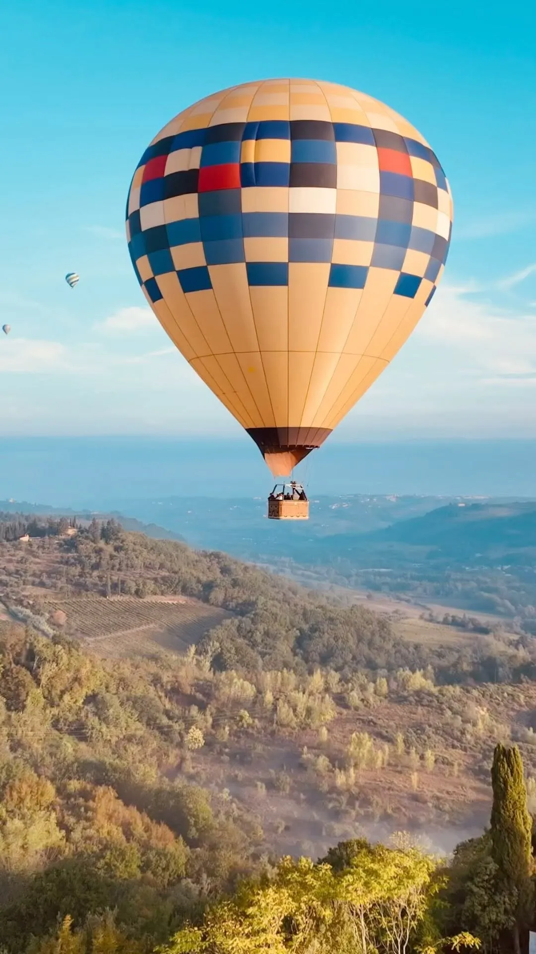 An excellent image showcasing a hot air balloon gracefully floating above a scenic, verdant landscape under a clear blue sky. The composition is strong, centering the primary subject against a breathtaking natural backdrop.