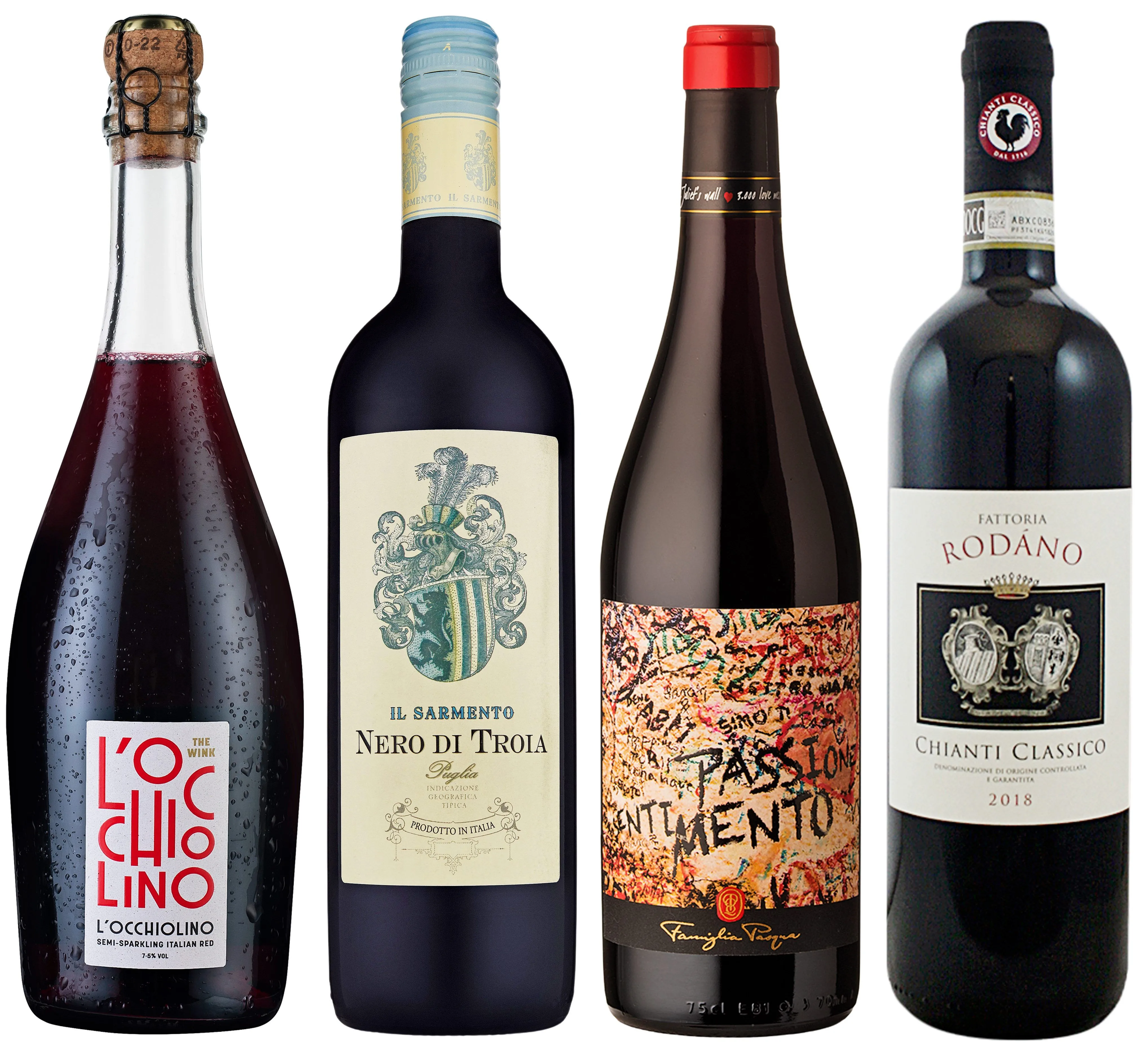 The image displays four wine bottles against a clean white background. The bottles are clearly identifiable with their labels in focus. The lighting is even, and the colors appear accurate and natural. It is a highly photo-realistic image suitable for editorial use.