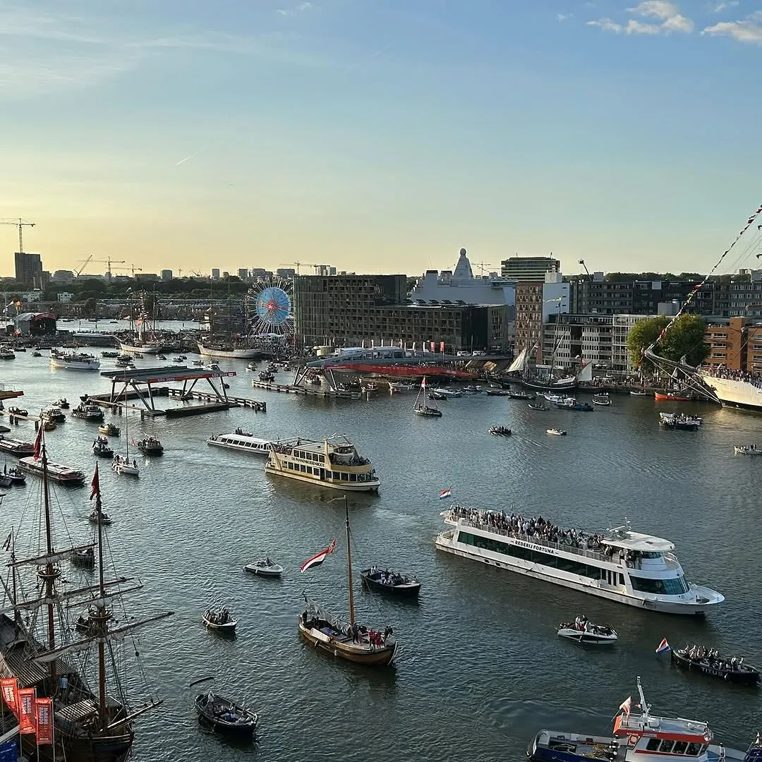 This image provides a well-composed and photo-realistic view of a busy harbor, likely during an event, under pleasant natural lighting. The colors appear accurate, and the key elements, such as the numerous boats and the city skyline, are generally sharp and in focus. The overall scene is vibrant and captures the bustling atmosphere effectively.