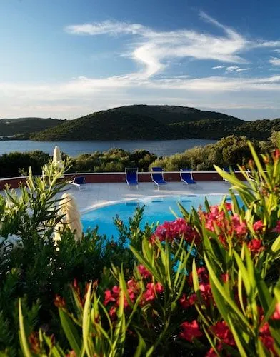 The image features a beautifully composed scene of a swimming pool overlooking a serene body of water and distant hills under a bright blue sky. Lush green plants and vibrant red flowers in the foreground frame the view, adding depth and visual interest. The lighting is excellent, contributing to a vibrant and realistic appearance.
