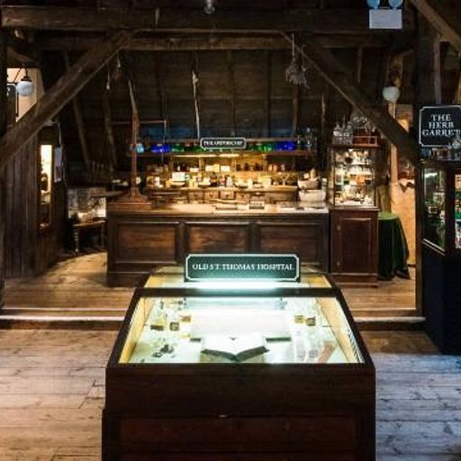 This image is a well-composed and well-lit photograph of an apothecary or museum interior. The scene is sharp, with good color accuracy and a photorealistic quality. Key elements, such as the display case and apothecary counter, are in focus. The lighting is even and enhances the details of the setting. The overall atmosphere is captivating and historically accurate. The composition is pleasing, drawing the viewer's eye through the space. There are no unwanted elements present.