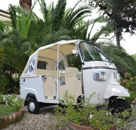A clean, white Piaggio Ape, a three-wheeled light commercial vehicle, is parked on a gravel path surrounded by lush green palm trees and other plants. The vehicle features a beige fabric canopy and open sides.