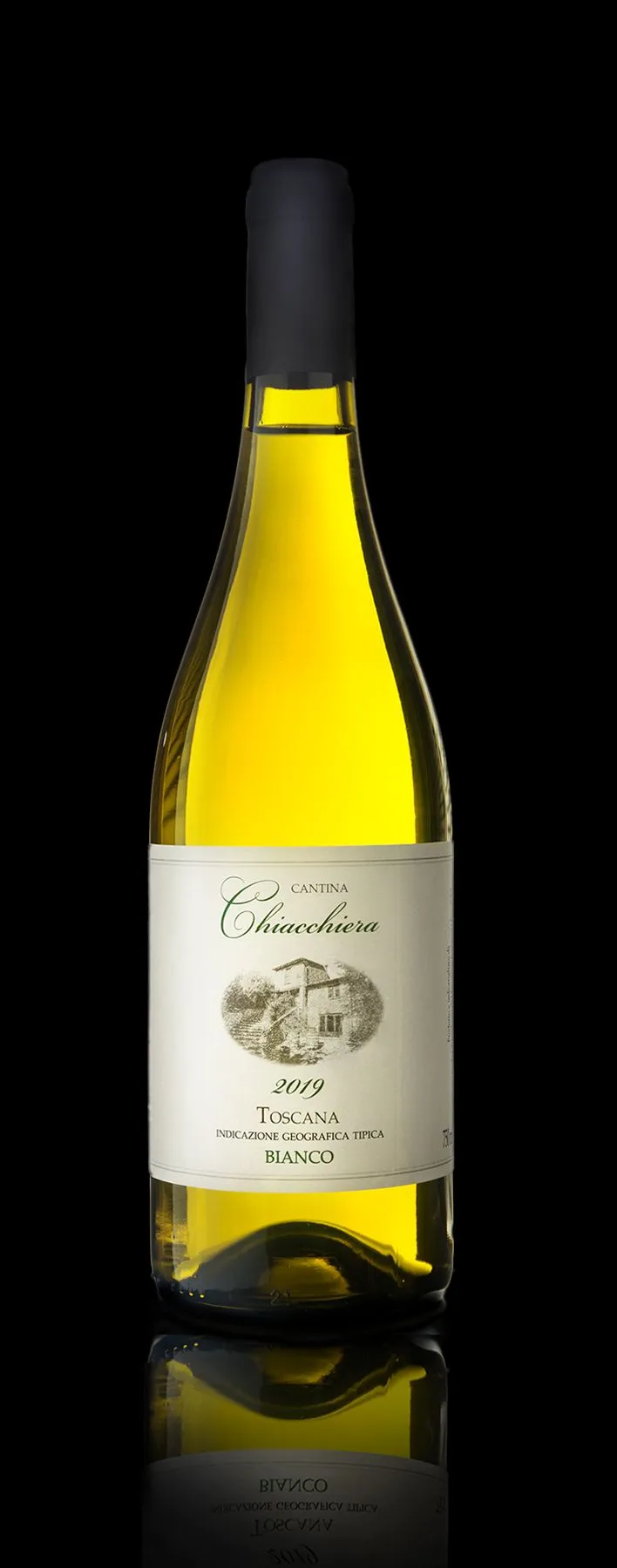 A high-quality studio photograph of a white wine bottle, with its label prominently displayed, set against a plain black background. The lighting effectively showcases the bottle's form and the liquid's color.