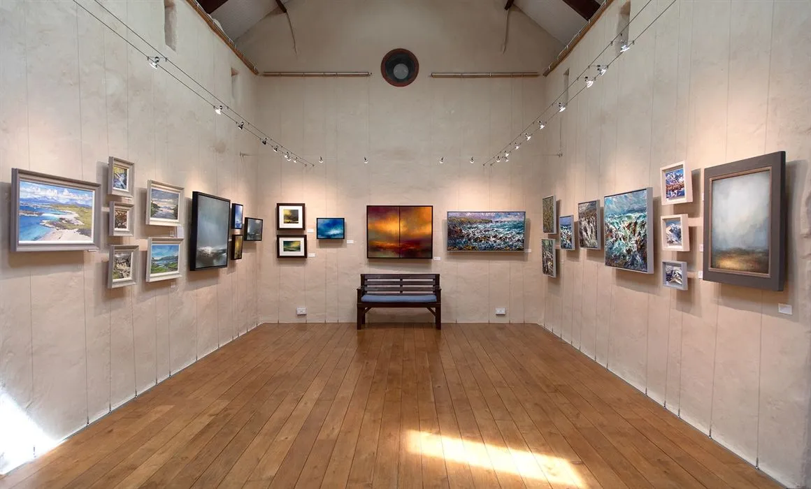 The image is exceptionally well-composed, providing a balanced and inviting view of the art gallery. Lighting is excellent, uniformly illuminating the space and highlighting the artworks without harshness. The image is sharp throughout, ensuring details in the paintings and the environment are clear. Colors appear accurate and vibrant, contributing to the photo-realistic quality. All key elements, especially the artworks, are perfectly in focus, making it an ideal representation of an art gallery.