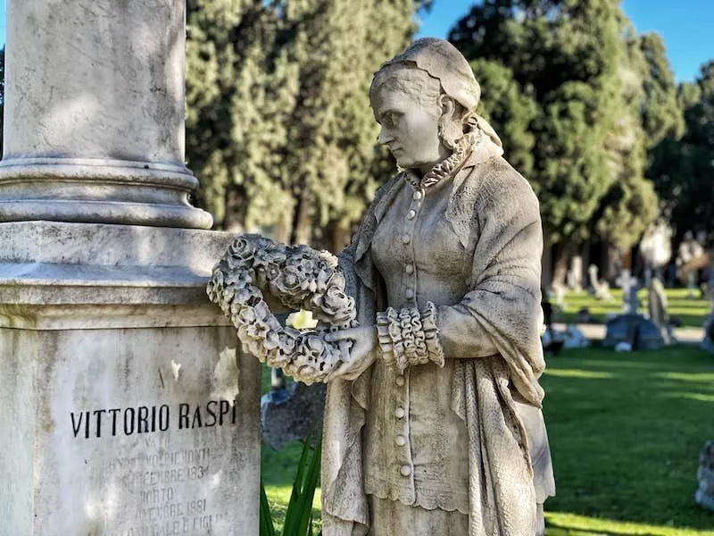 An editorial style image depicting a stone statue of a woman holding a wreath in a cemetery, with a tombstone partially visible to the left. The background shows trees and other graves, slightly blurred.