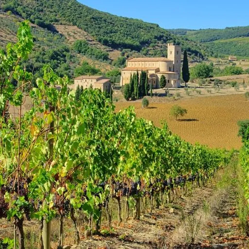 The image displays a well-composed and vibrant landscape featuring rows of vineyards in the foreground, leading towards a historical building (likely a church or monastery) in the mid-ground, set against a backdrop of lush green hills and a clear blue sky. The lighting is natural and even, contributing to the photo-realistic quality and accurate colors.